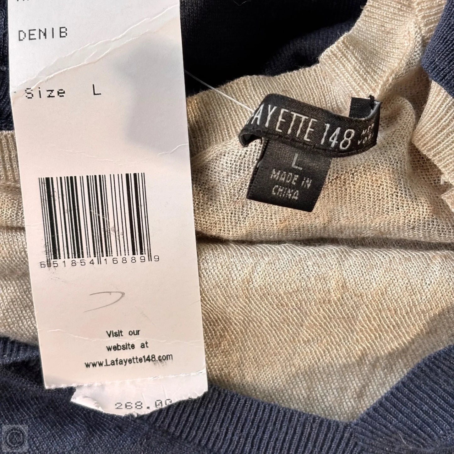 Top Long Sleeve Designer By Lafayette 148 In Blue & Cream, Size: L