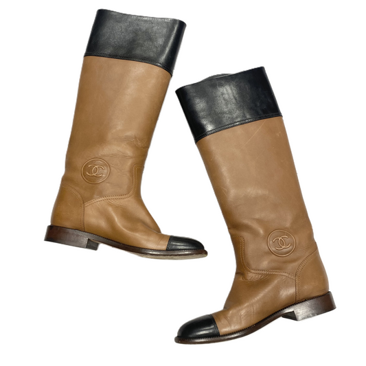 Brown Boots Luxury Designer By Chanel, Size: 6.5