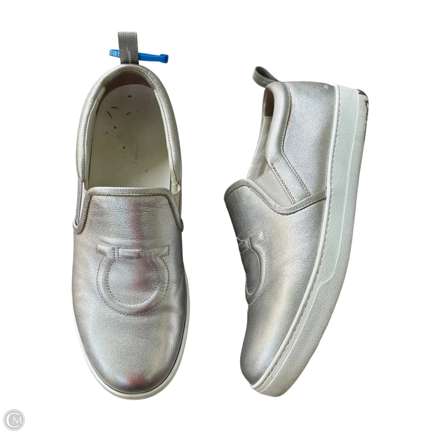 Shoes Luxury Designer By Ferragamo In Silver, Size: 9