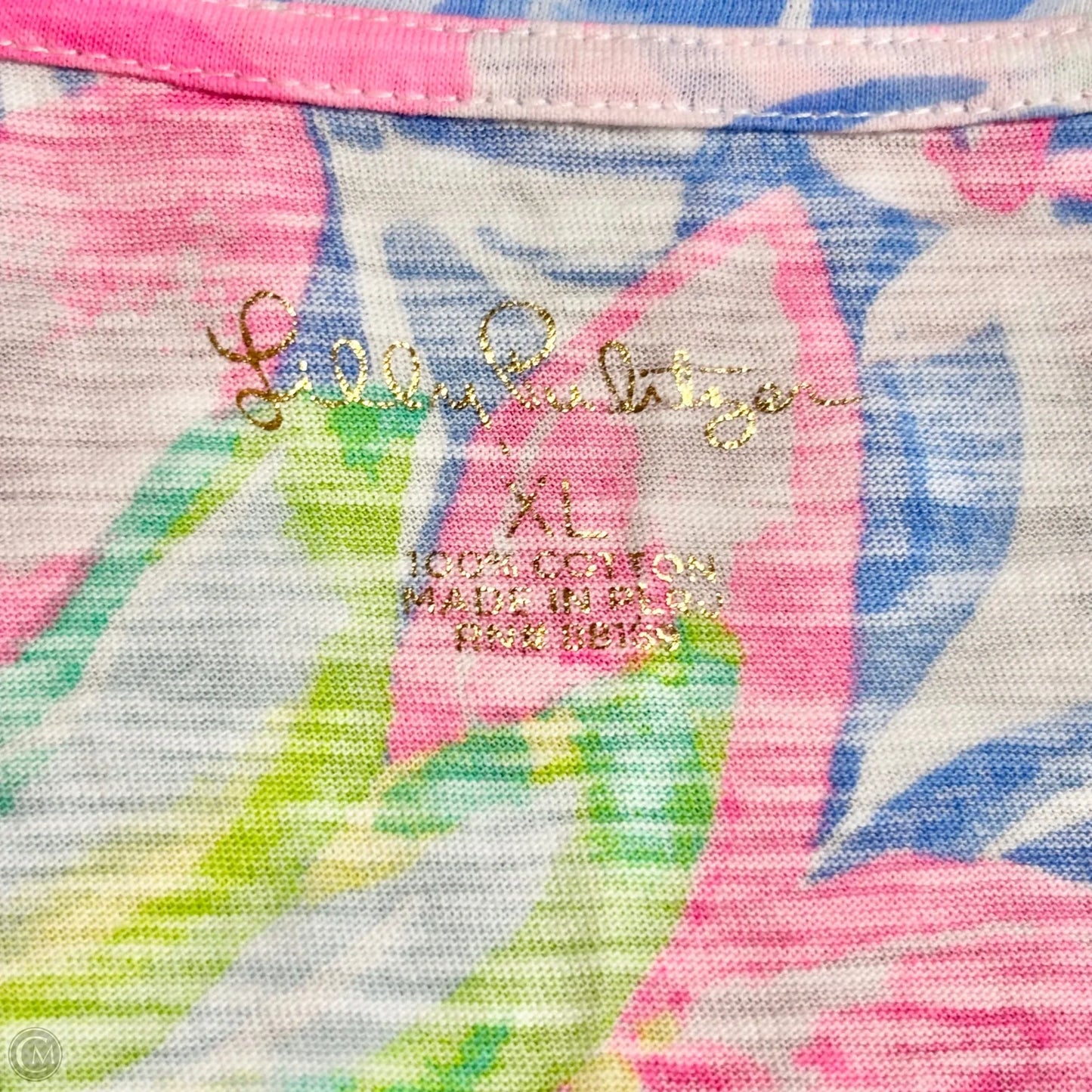 Top Short Sleeve Designer By Lilly Pulitzer In Blue & Pink, Size: Xl