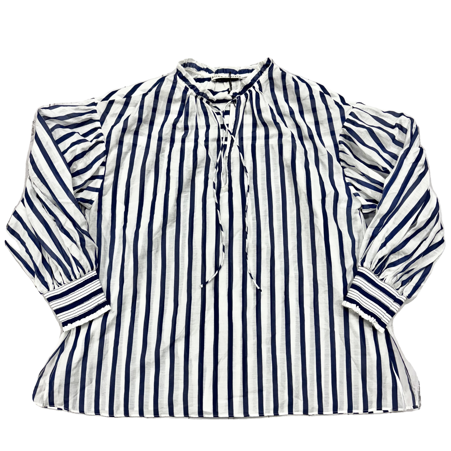 Top Long Sleeve Designer By Alice + Olivia In Blue & White, Size: Xs