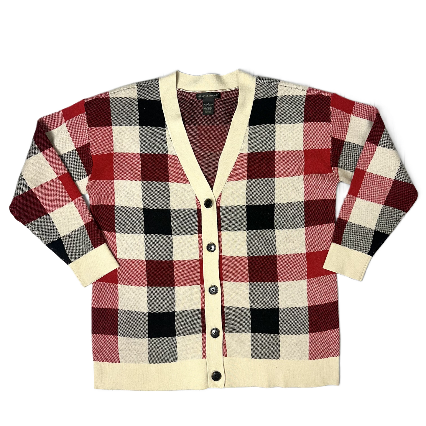 Sweater Cardigan By Preswick & Moore In Checkered Pattern, Size: L