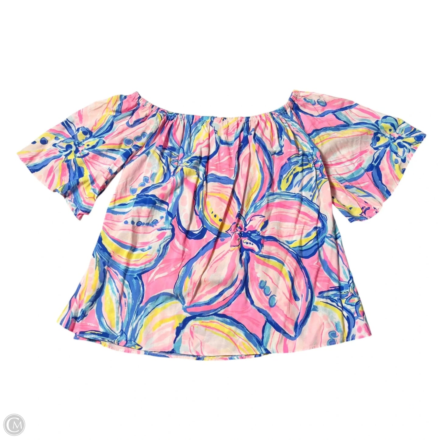 Top Short Sleeve Designer By Lilly Pulitzer In Blue & Pink, Size: M