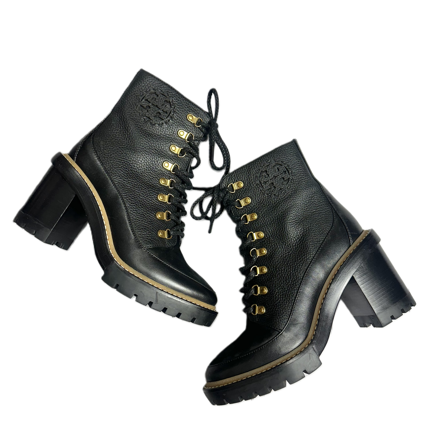 Boots Designer By Tory Burch In Black & Gold, Size: 7