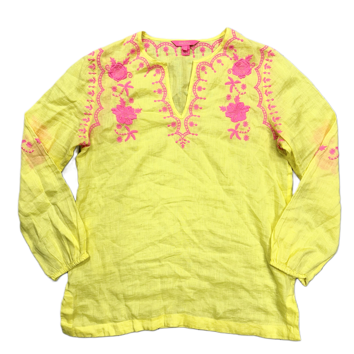 Pink & Yellow Top 3/4 Sleeve Designer By Lilly Pulitzer, Size: M