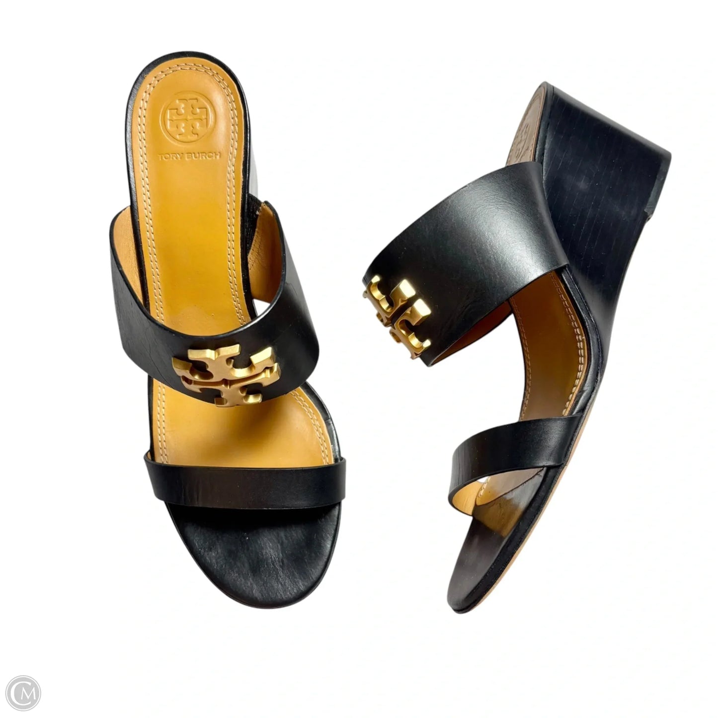 Sandals Designer By Tory Burch In Black & Gold, Size: 9.5
