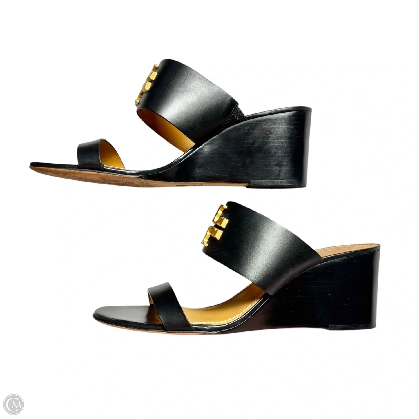 Sandals Designer By Tory Burch In Black & Gold, Size: 9.5