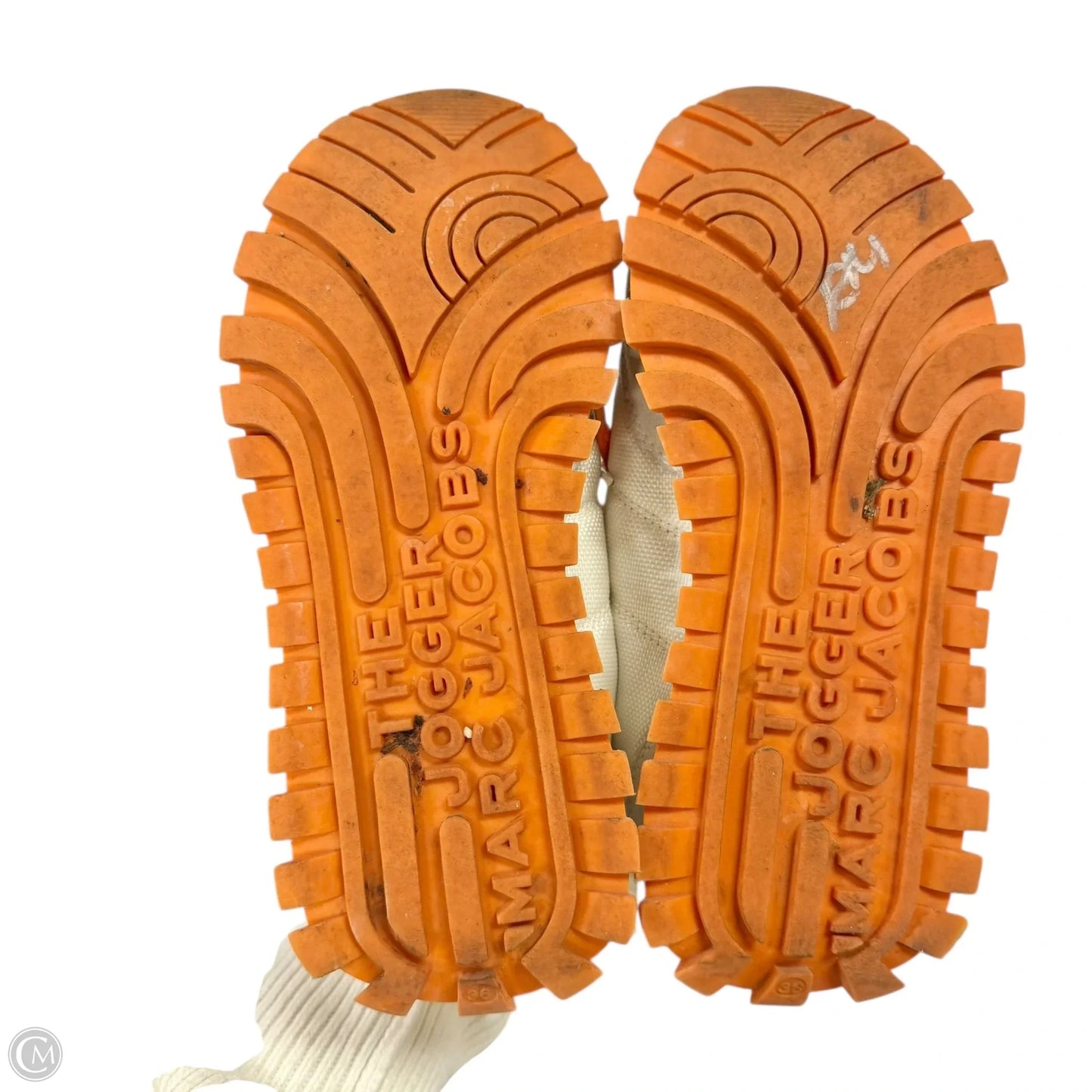 Shoes Luxury Designer By Marc Jacobs In Orange & White, Size: 5.5