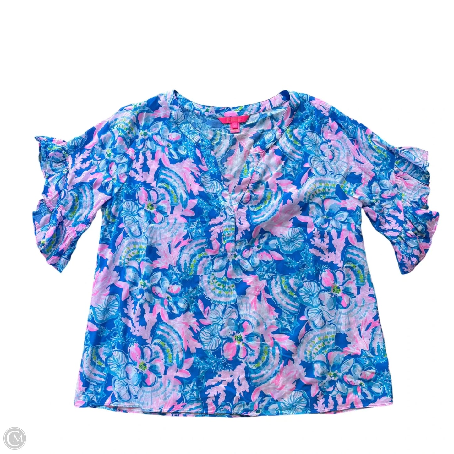 Top Short Sleeve Designer By Lilly Pulitzer In Blue & Pink, Size: L