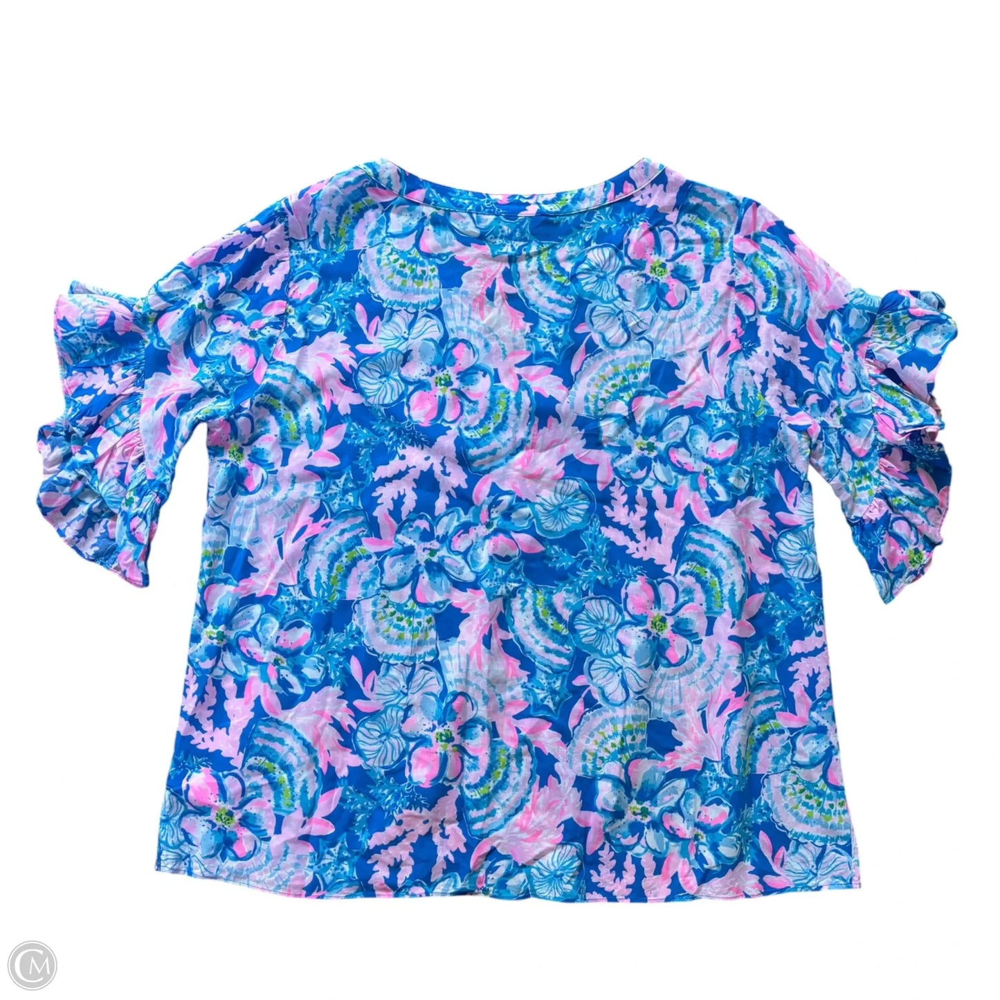 Top Short Sleeve Designer By Lilly Pulitzer In Blue & Pink, Size: L