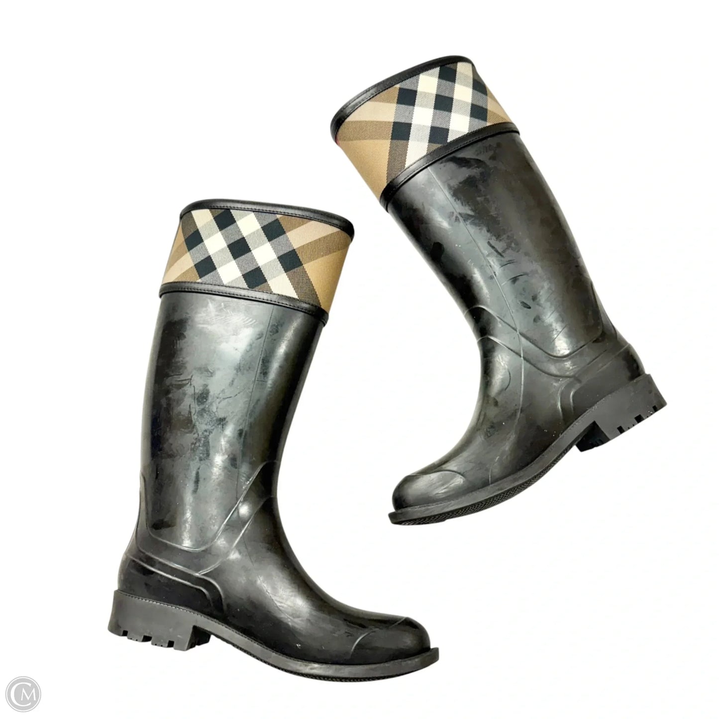 Boots Luxury Designer By Burberry In Black & Brown, Size: 7.5