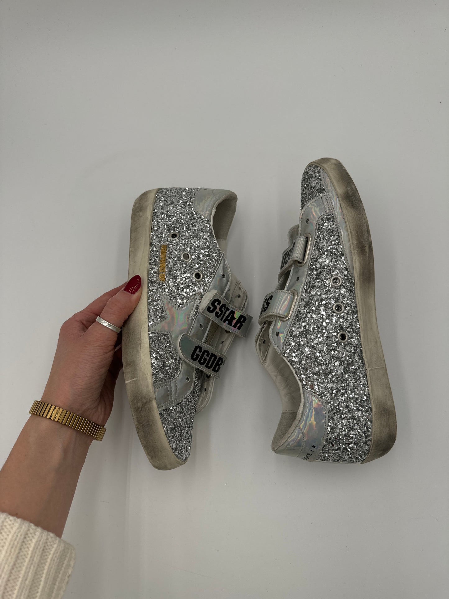 Shoes Luxury Designer By Golden Goose In Silver, Size: 9