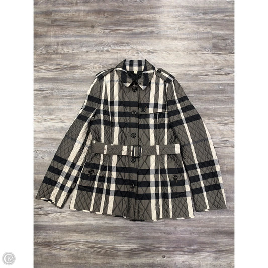 Coat Luxury Designer By Burberry In Black & Grey, Size: 12