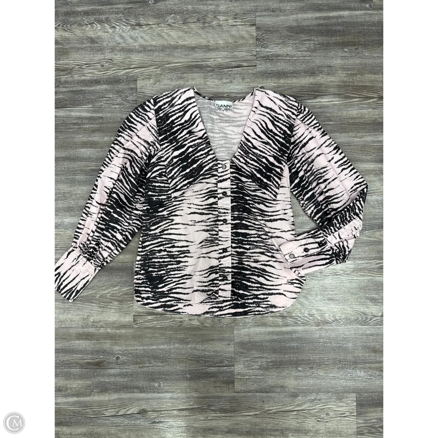 Top Long Sleeve By Ganni In Black & Pink, Size: 2