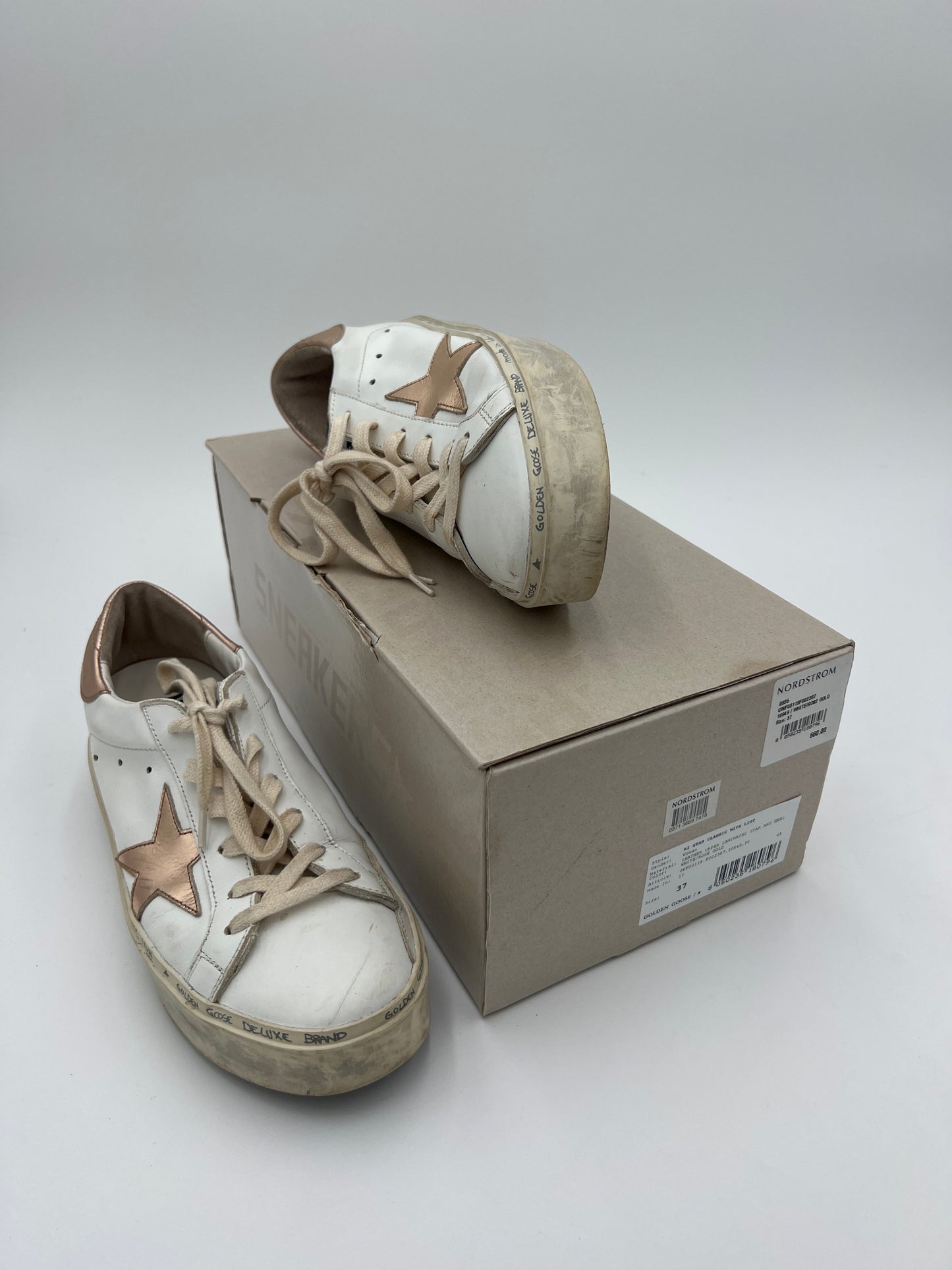 Shoes Luxury Designer By Golden Goose In White & Rose Gold, Size: 6.5