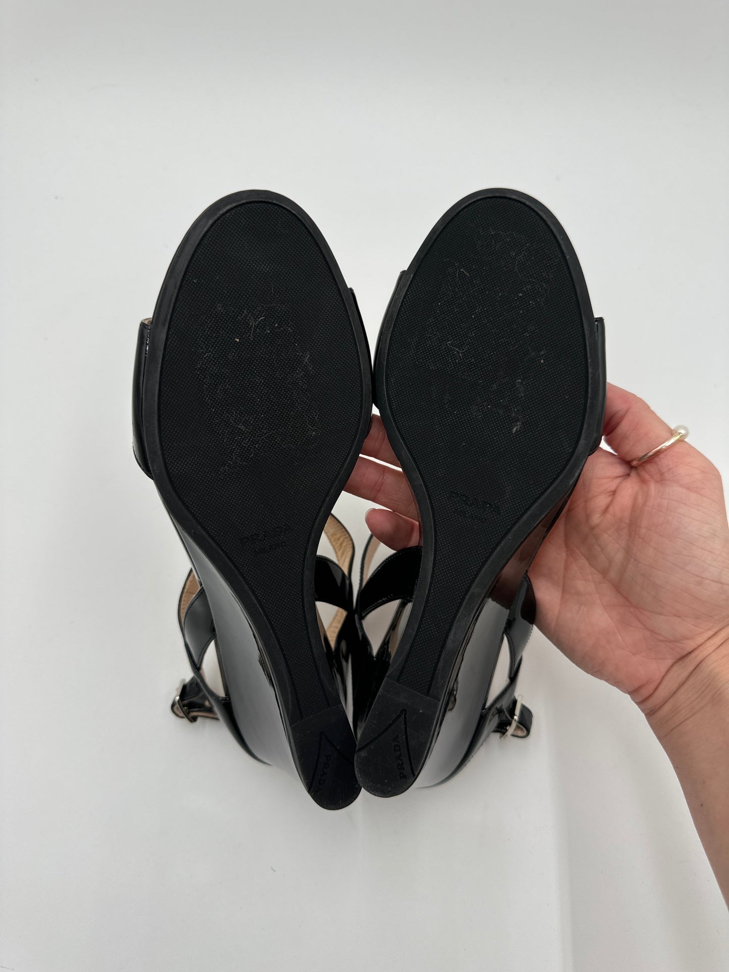 Shoes Heels Wedge By Prada In Black, Size: 8