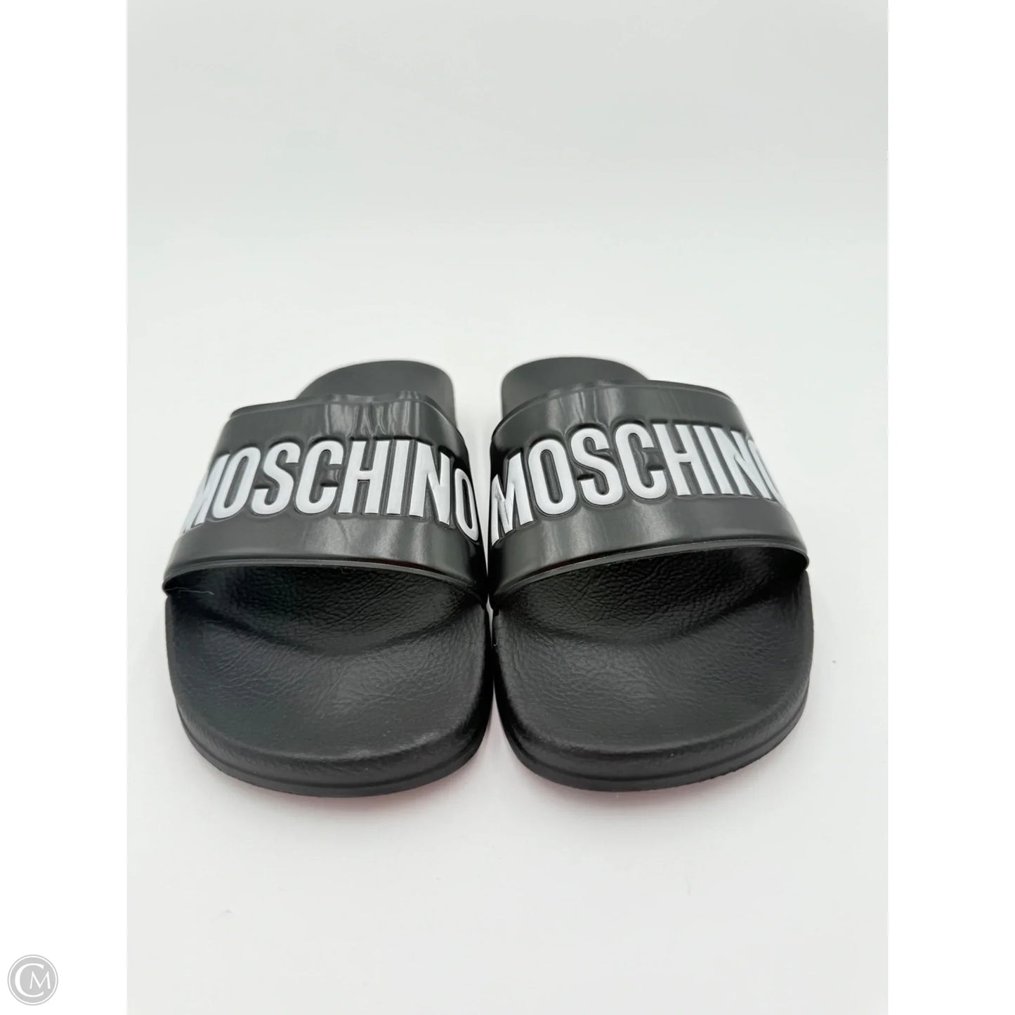 Sandals Luxury Designer By Moschino In Black, Size: 10