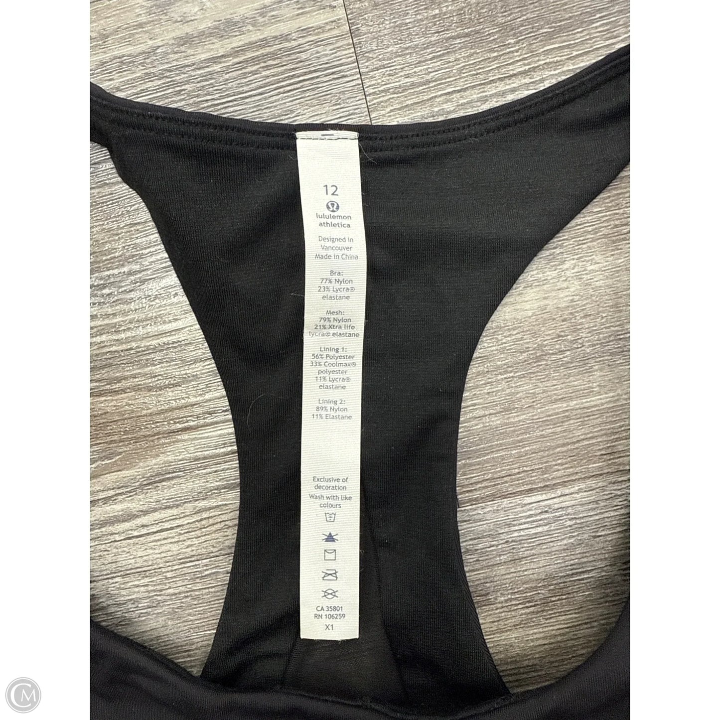 Athletic Bra By Lululemon In Black, Size: 12