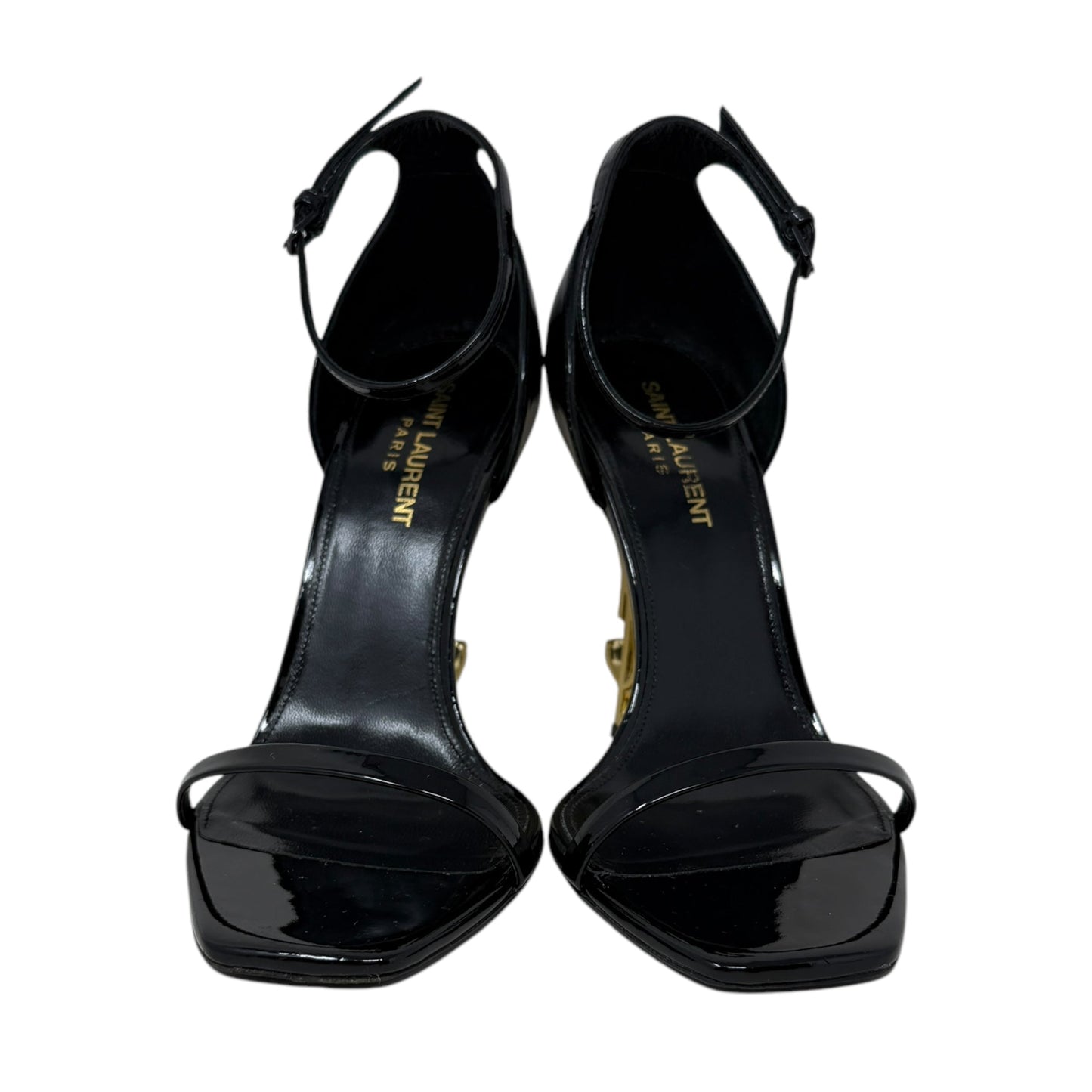 Opyum 110 Cassandre Heel Sandals Luxury Designer By Yves Saint Laurent In Black & Gold, Size: 8