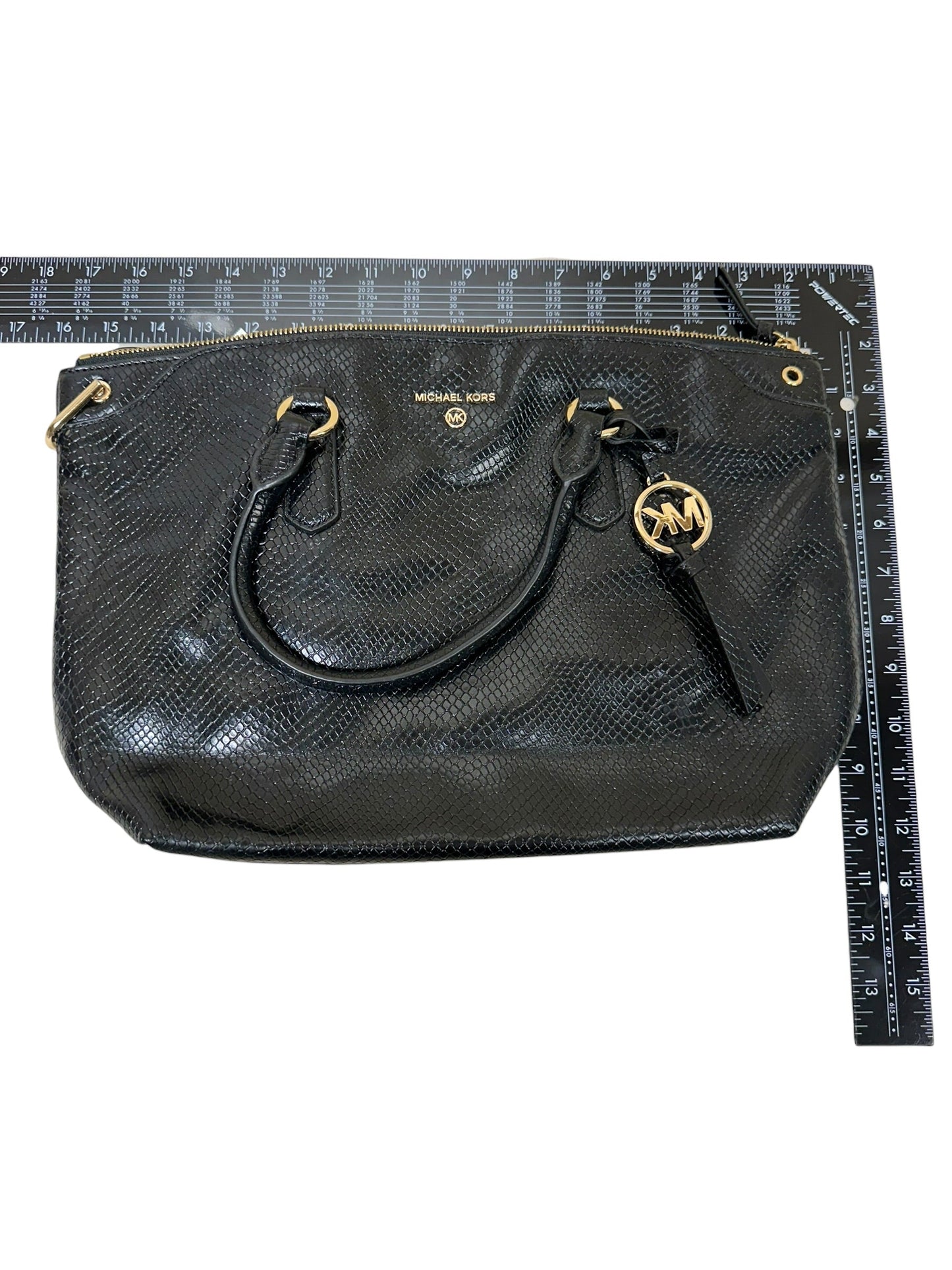 Handbag Designer By Michael Kors In Black & Gold, Size:Medium