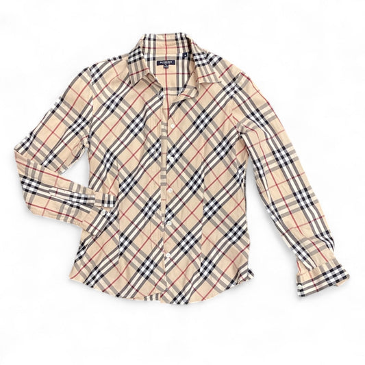 Top Long Sleeve By Burberry In Plaid Pattern, Size: M