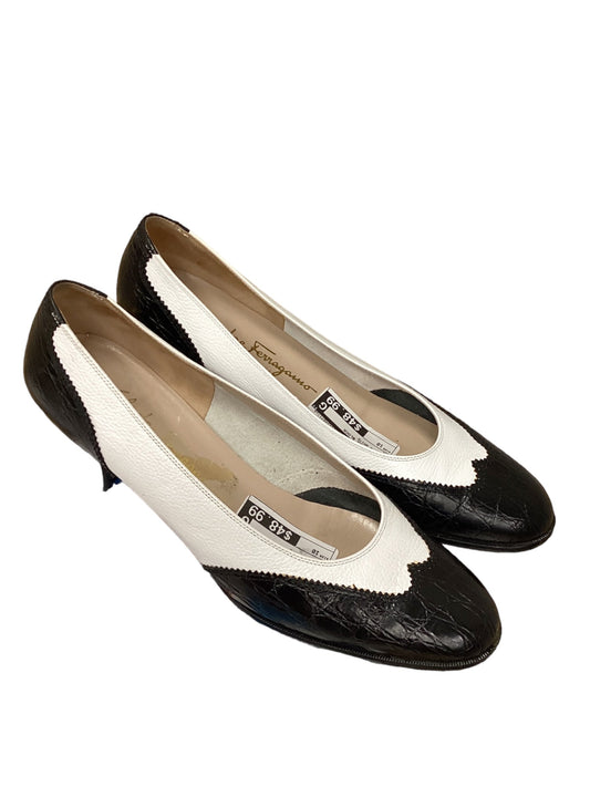 Designer Black & White Shoes Heels Block Ferragamo, Size 10