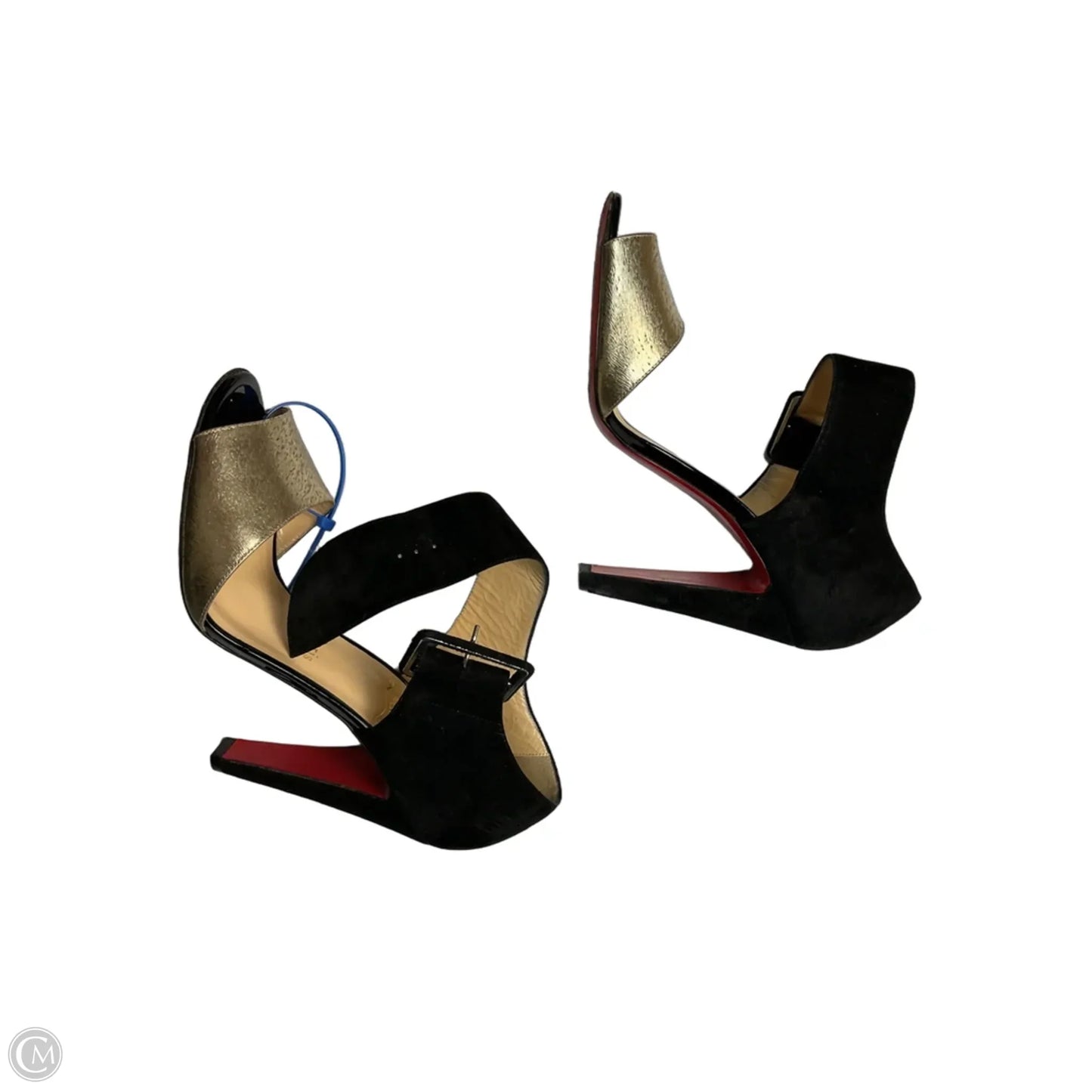Shoes Luxury Designer By Christian Louboutin In Black & Gold, Size: 9