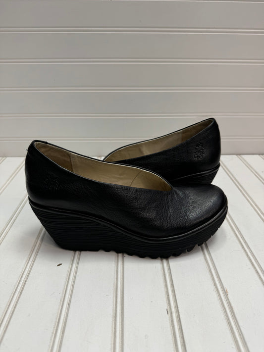 Black Shoes Heels Wedge Fly London, Size 6.5