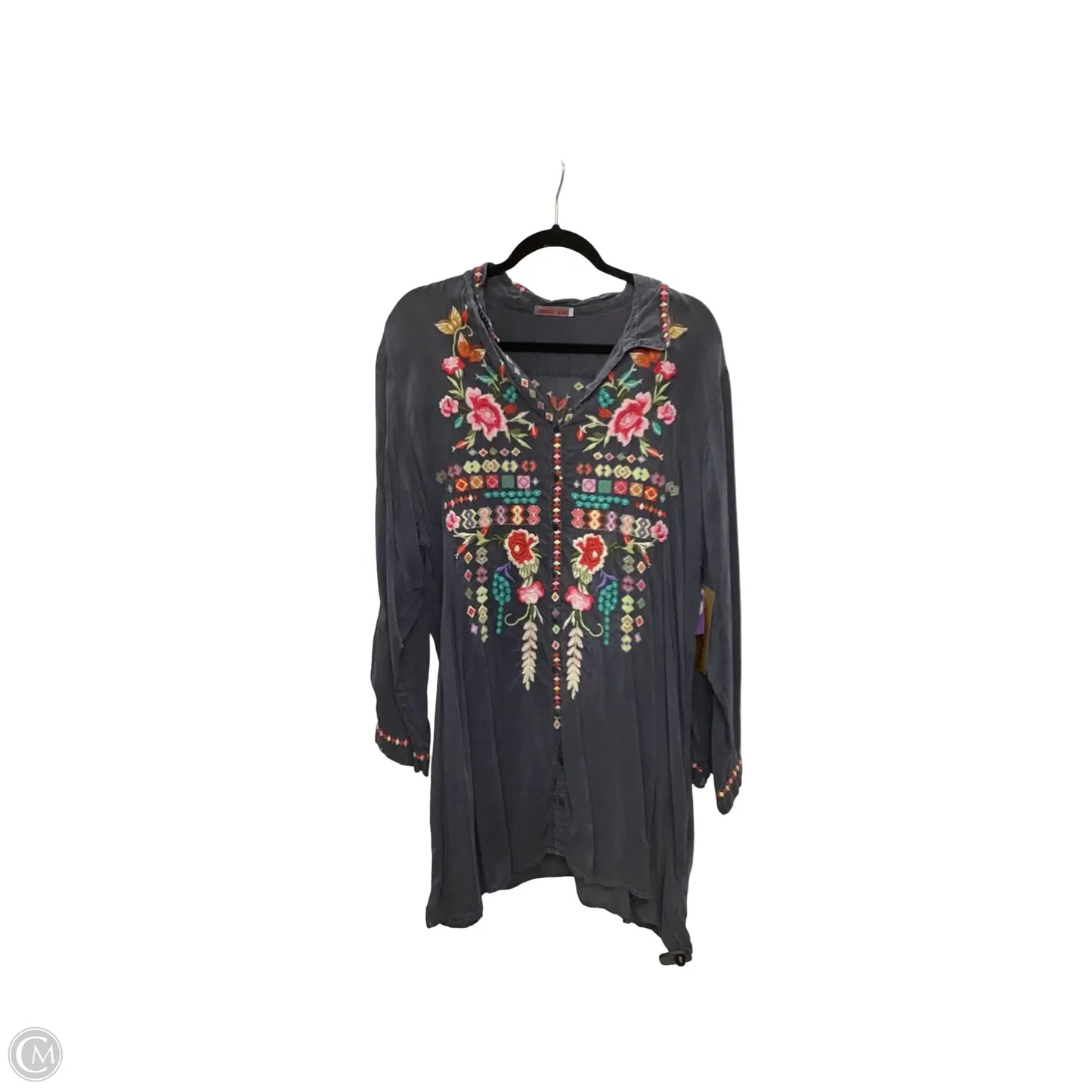 Designer Blouse 3/4 Sleeve By Johnny Was In Grey, Size: 1x
