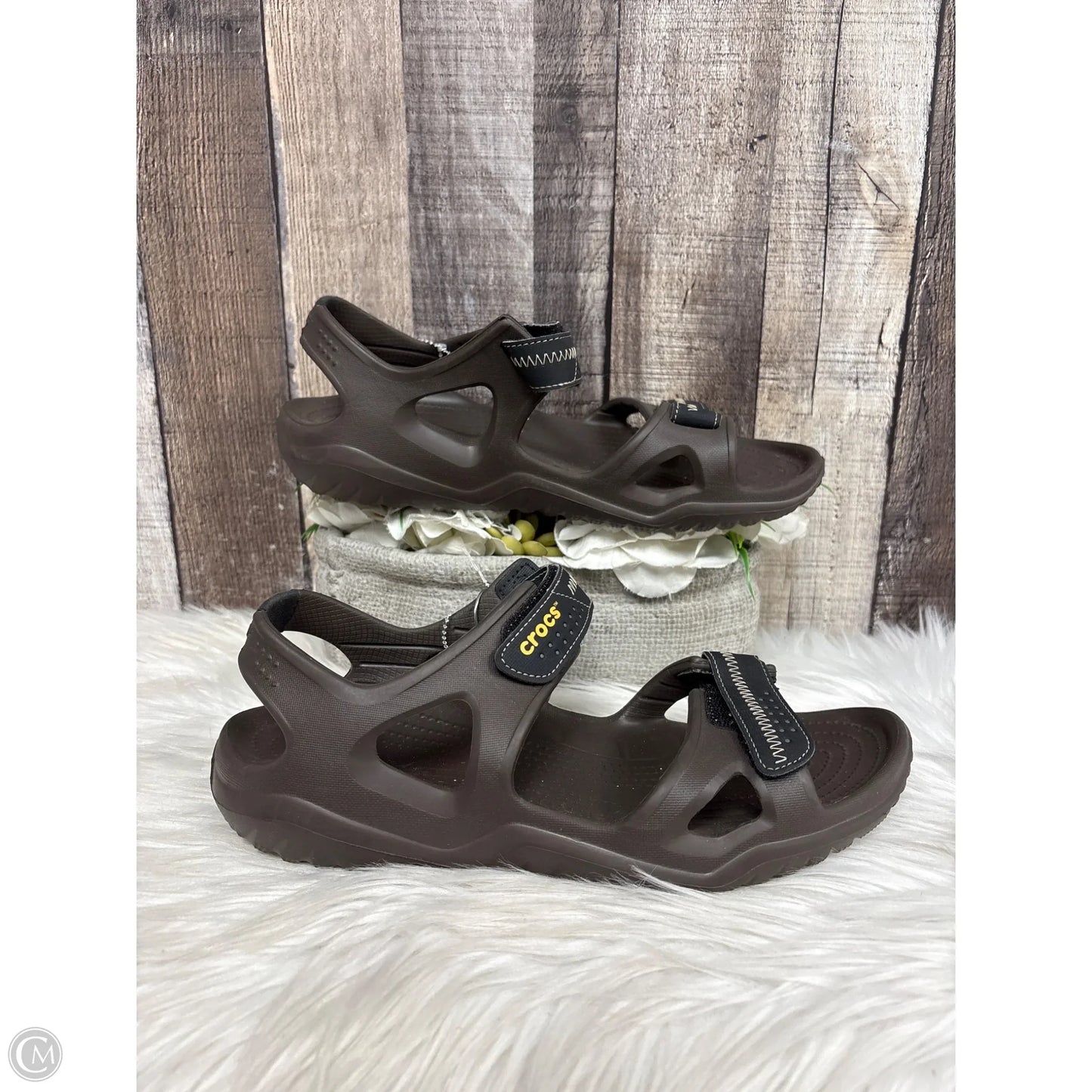 Sandals Flats By Crocs In Brown, Size: 10