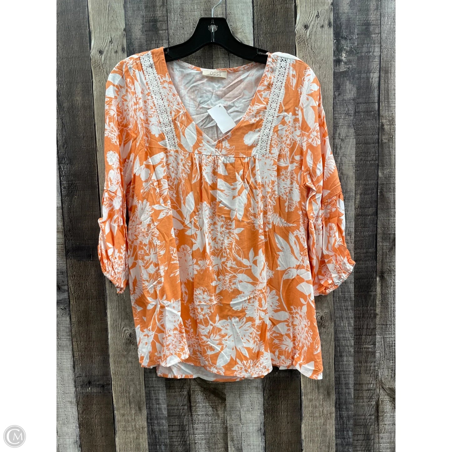 Top 3/4 Sleeve By Oddi In Orange & White, Size: M