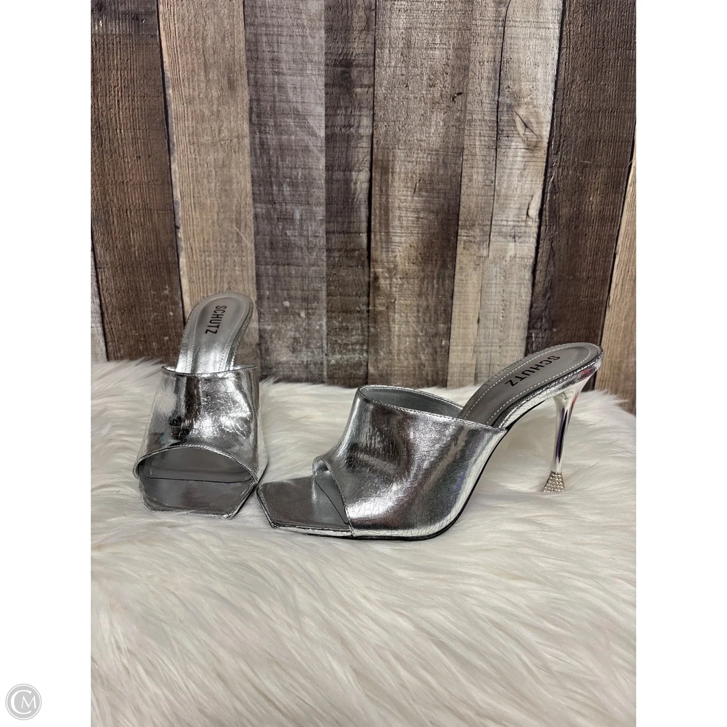 Sandals Heels Stiletto By Schutz In Silver, Size: 9.5