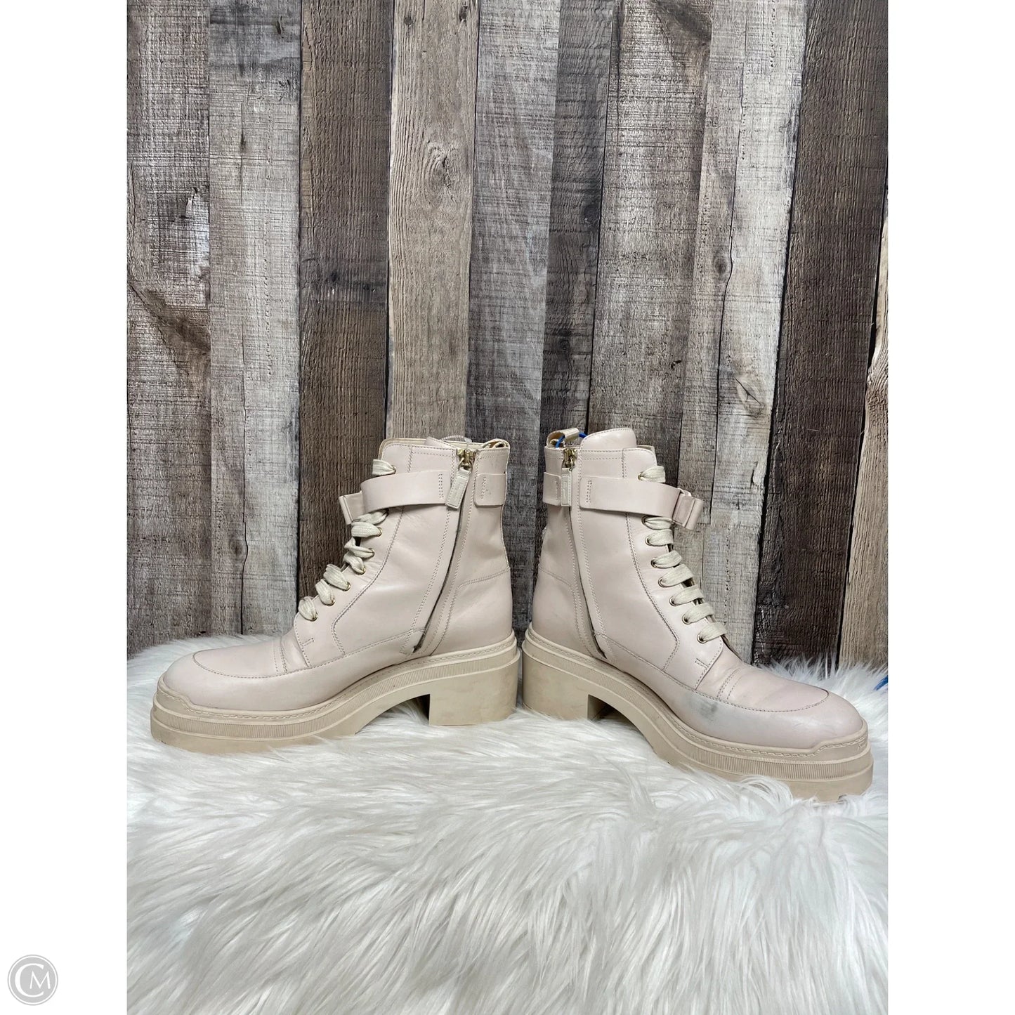 Boots Luxury Designer By Ferragamo In Beige, Size: 7.5