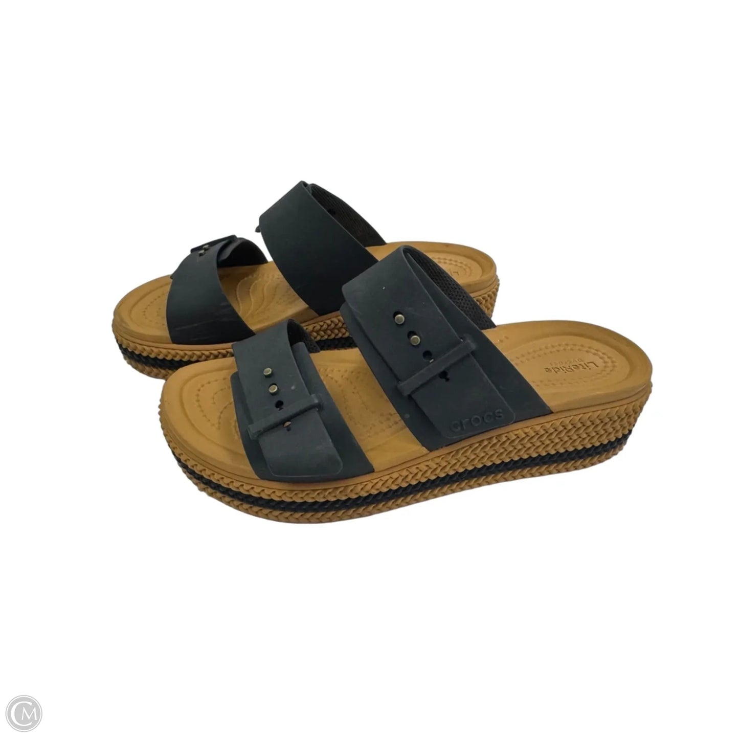 Sandals Heels Wedge By Crocs In Black & Brown, Size: 8