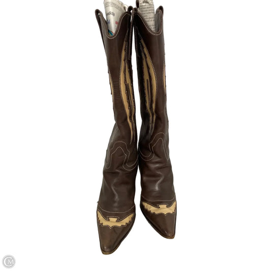 Boots Luxury Designer By Manolo Blahnik In Brown & Cream, Size: 7