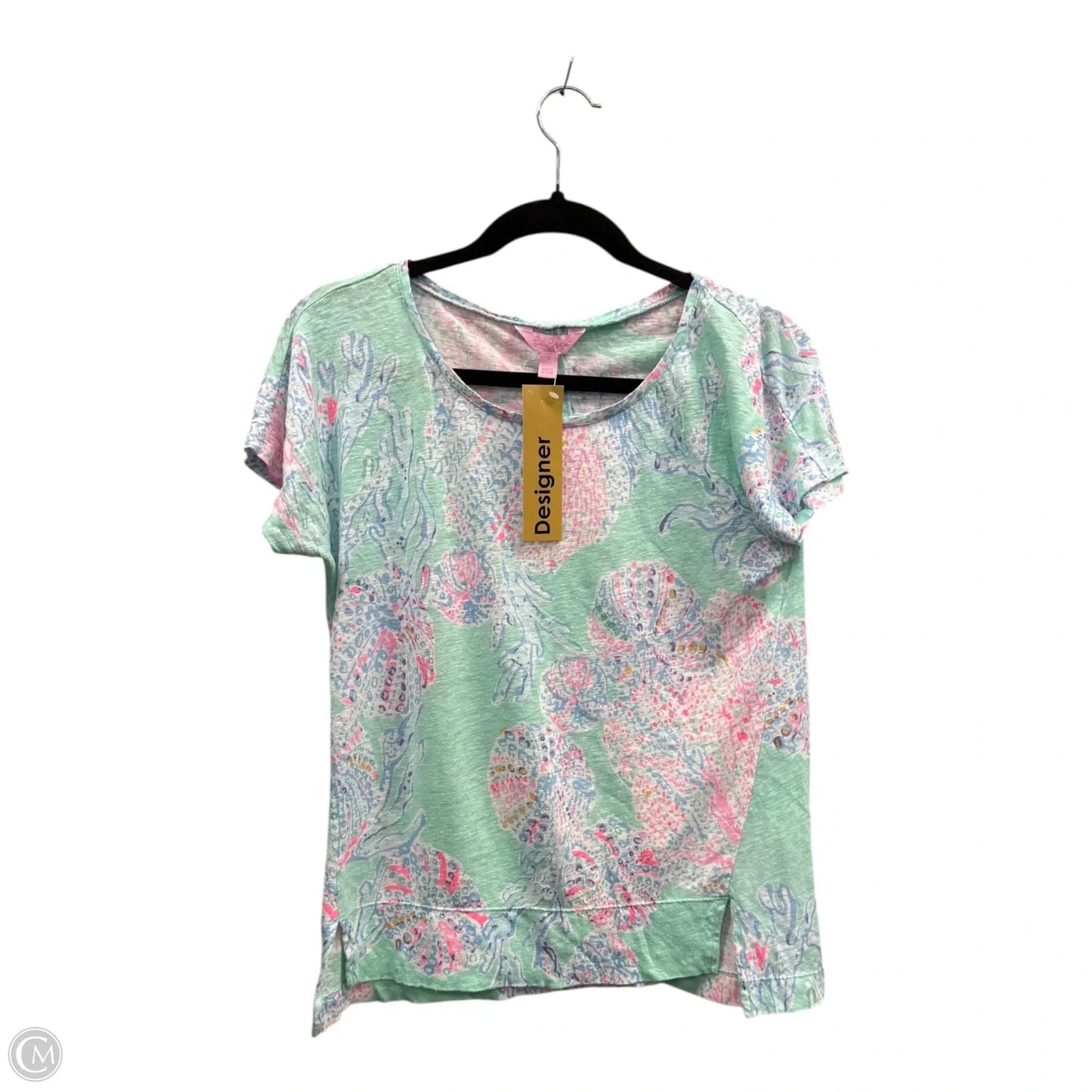 Top Short Sleeve Designer By Lilly Pulitzer In Green & Pink, Size: S