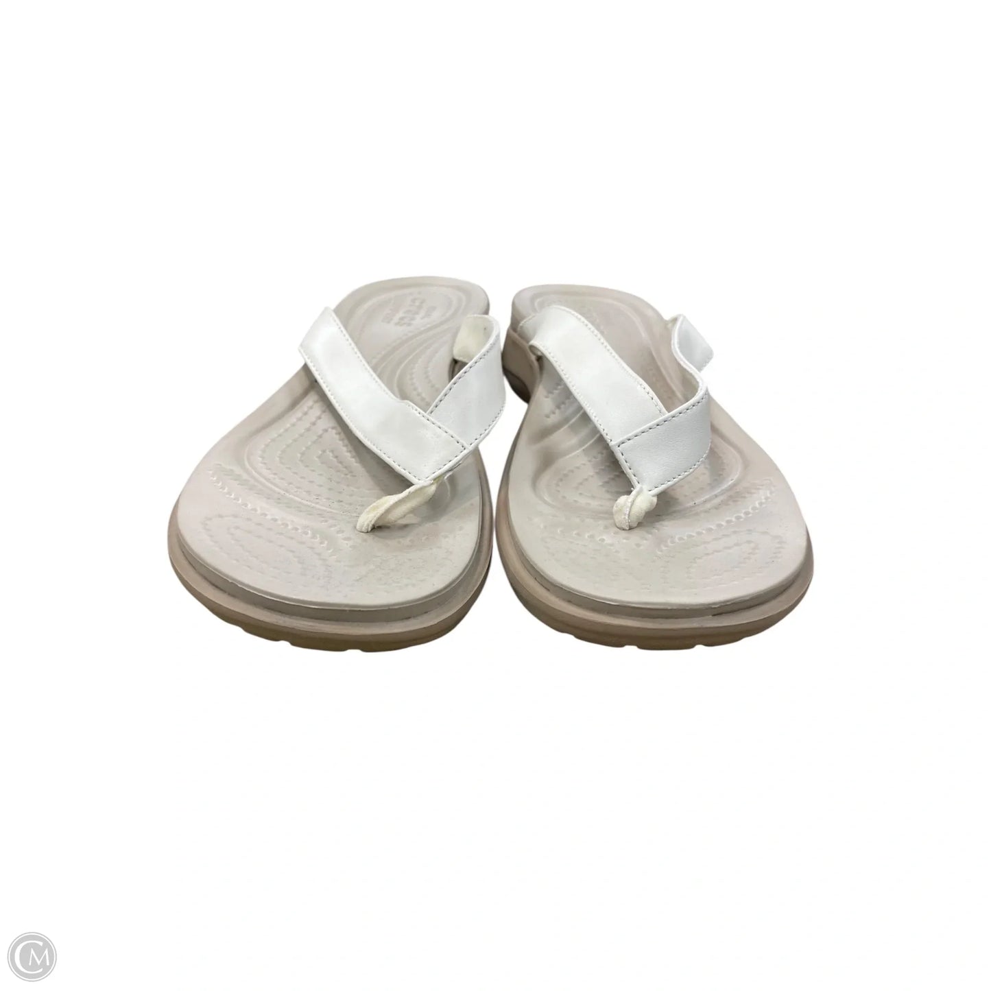 Sandals Flip Flops By Crocs In Tan & White, Size: 11