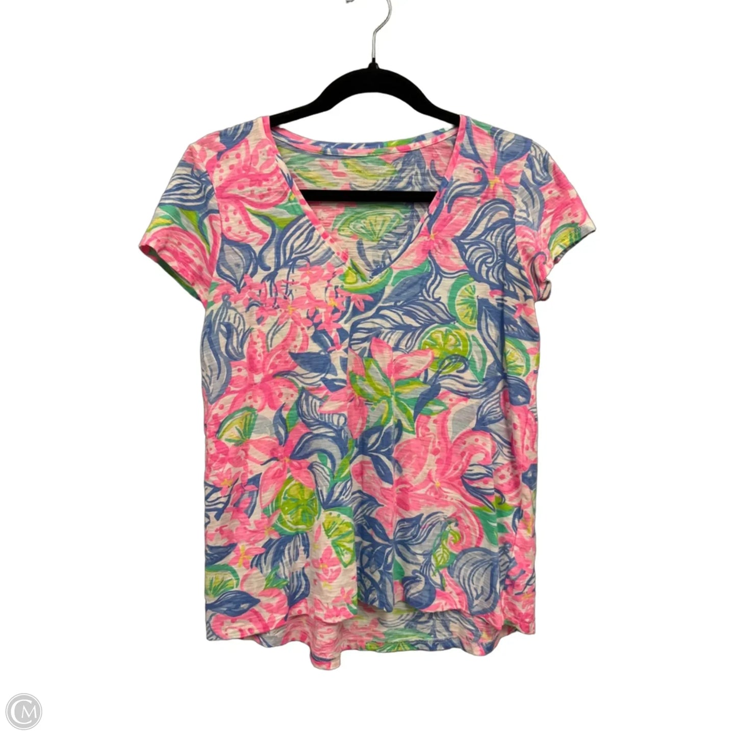 Top Short Sleeve Designer By Lilly Pulitzer In Blue & Pink, Size: S