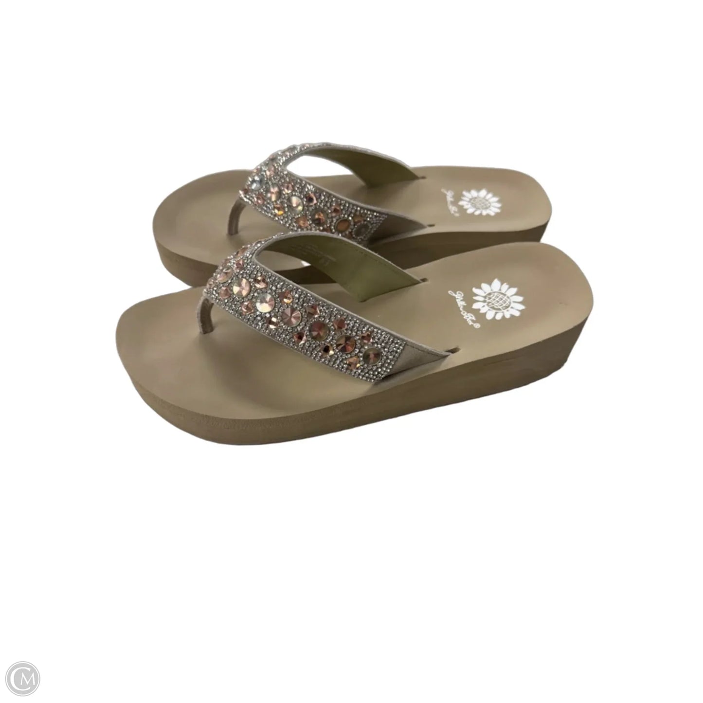 Sandals Flip Flops By Yellow Box In Silver & Tan, Size: 8.5