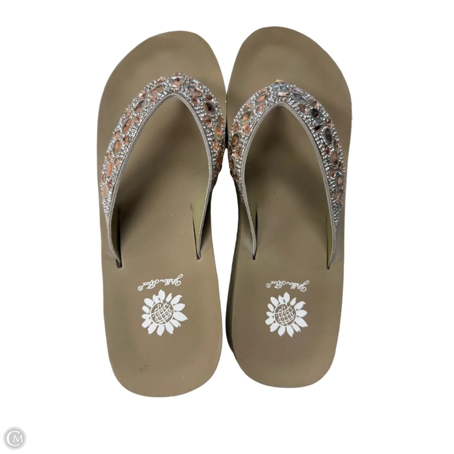 Sandals Flip Flops By Yellow Box In Silver & Tan, Size: 8.5