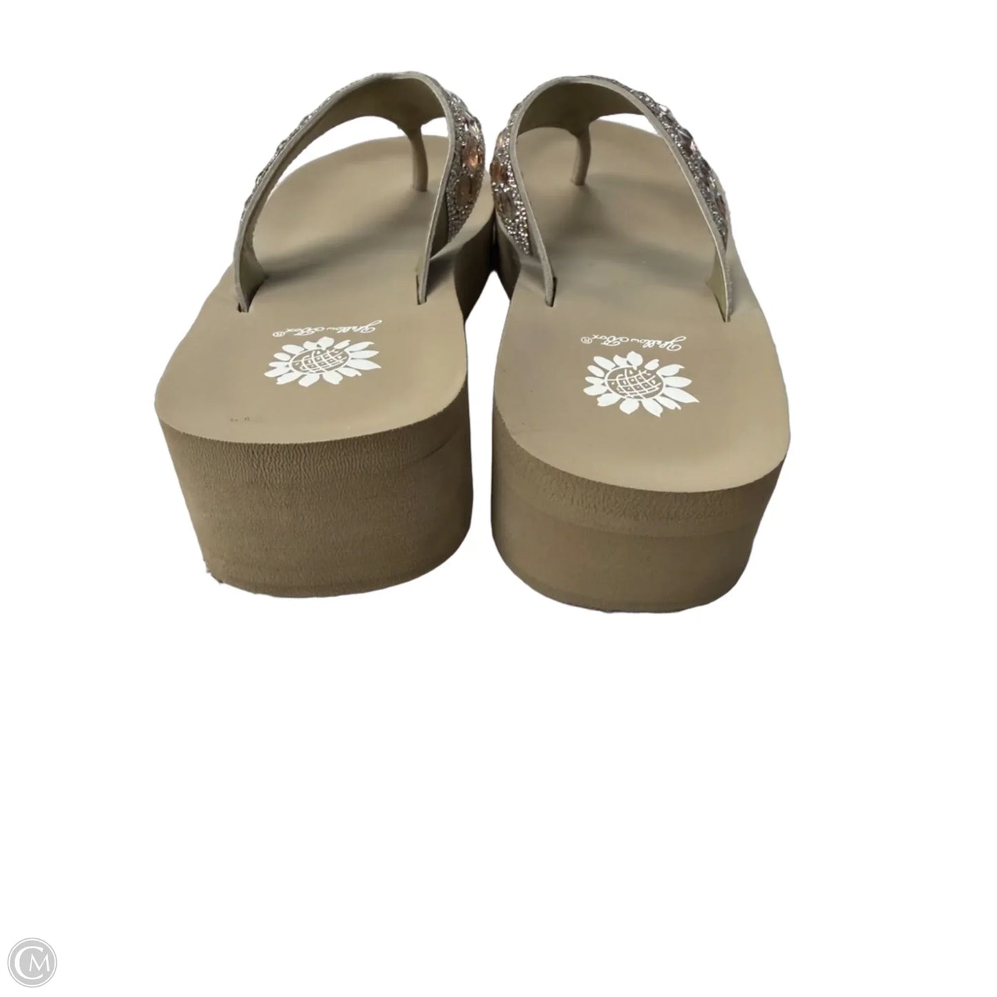 Sandals Flip Flops By Yellow Box In Silver & Tan, Size: 8.5