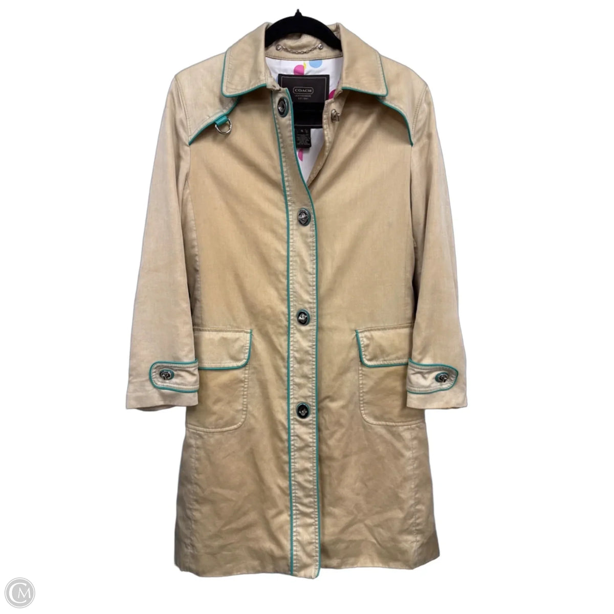 Jacket Designer By Coach In Green & Tan, Size: 4