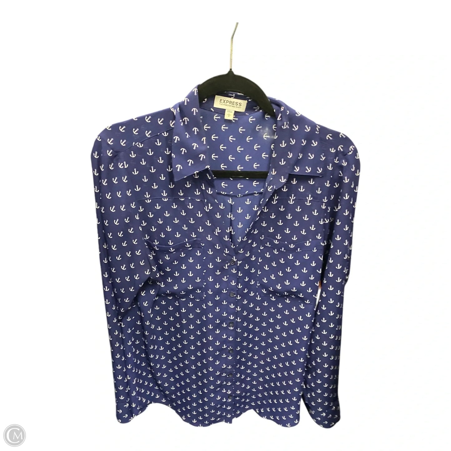 Blouse Long Sleeve By Express In Blue & White, Size: L
