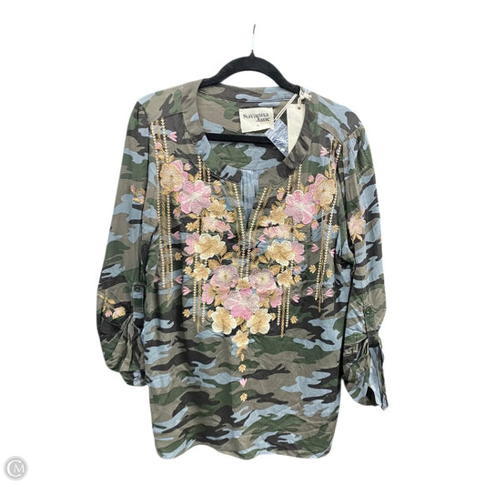 Top Long Sleeve By Savanna Jane In Camouflage Print, Size: 1x
