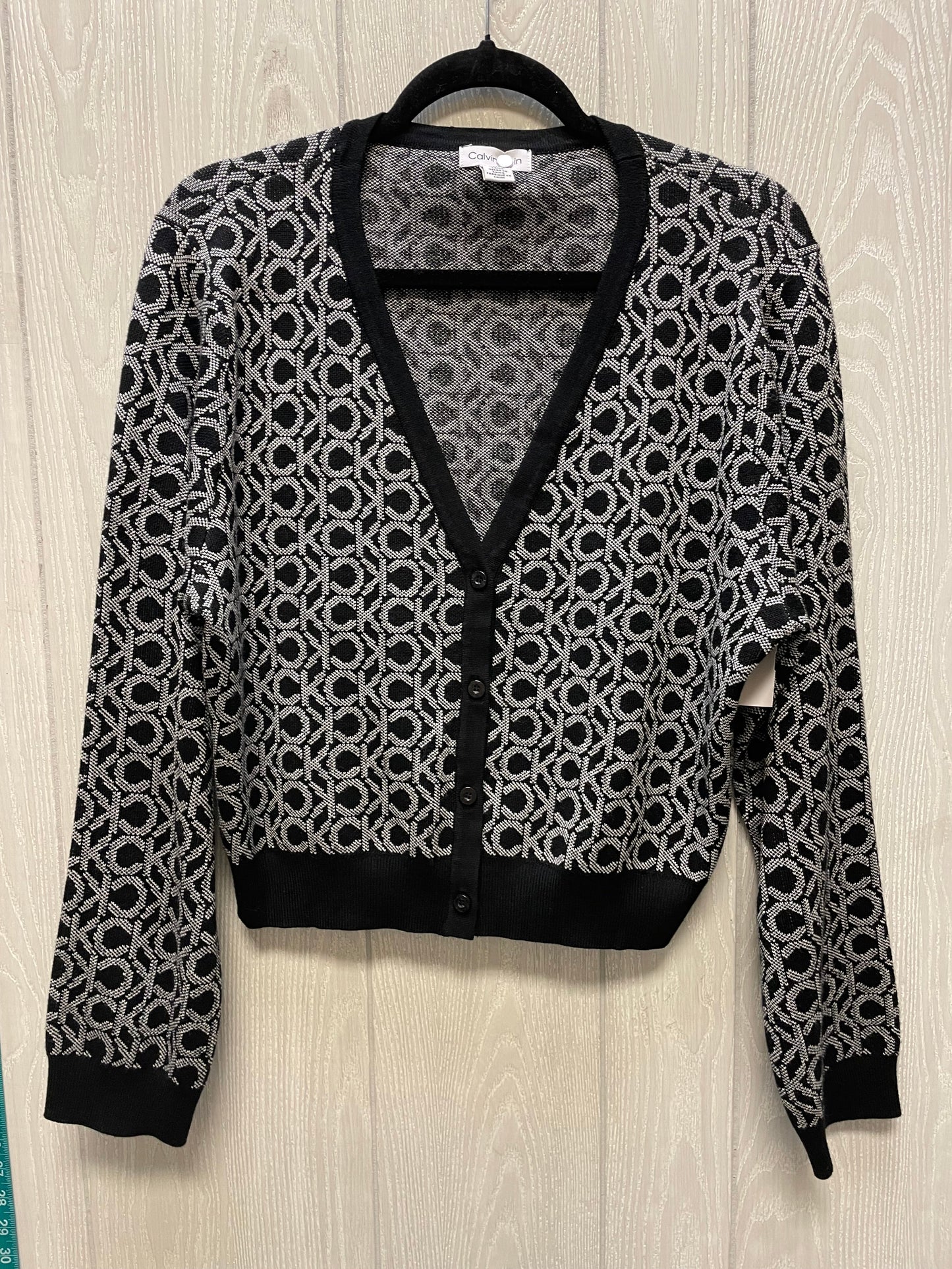 Sweater Cardigan By Calvin Klein In Black & Cream, Size: Xl