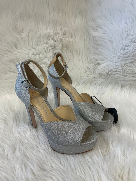 Sandals Heels Stiletto By Jessica Simpson In Silver, Size: 6