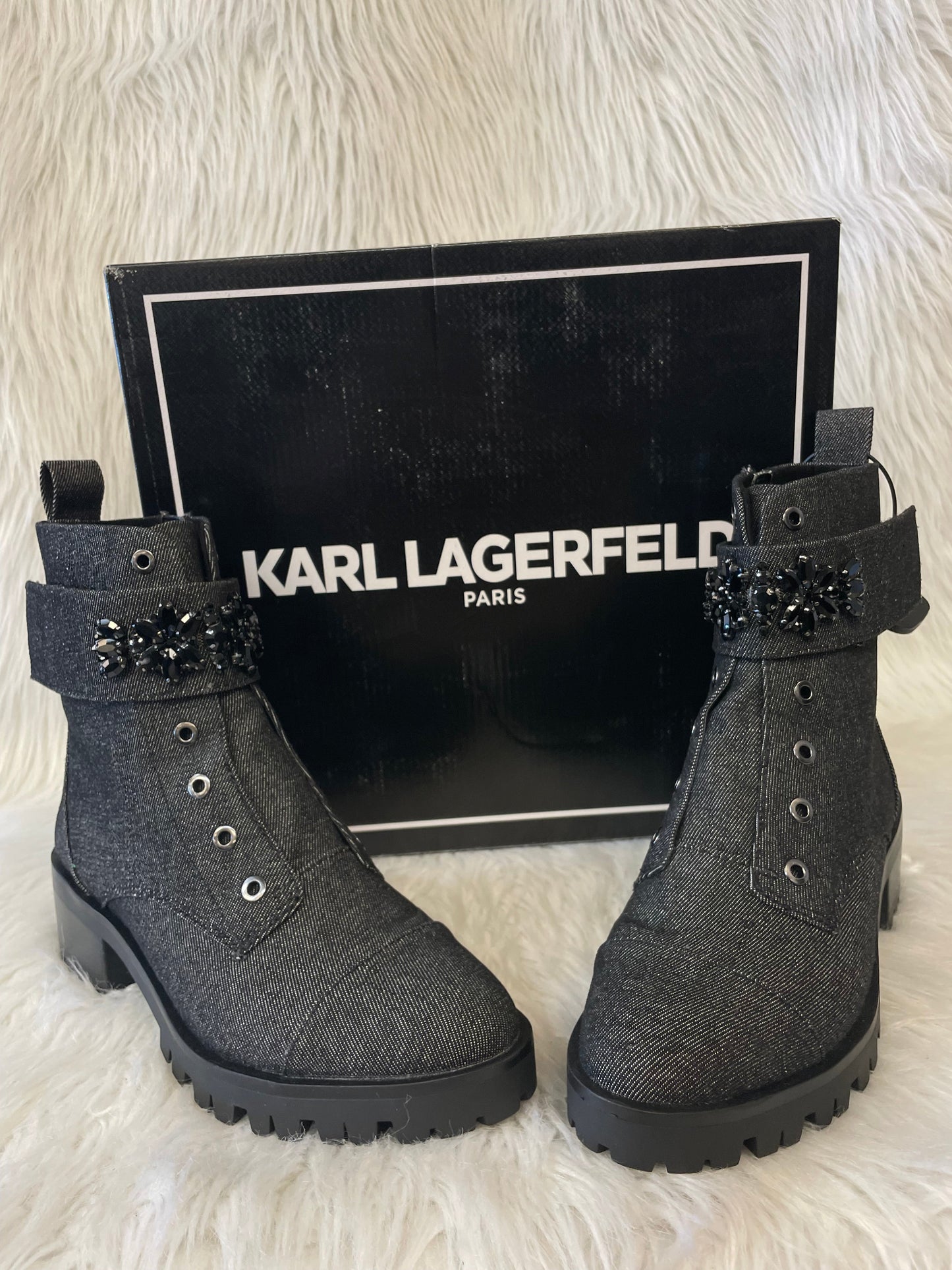 Boots Designer By Karl Lagerfeld In Black Denim, Size: 8