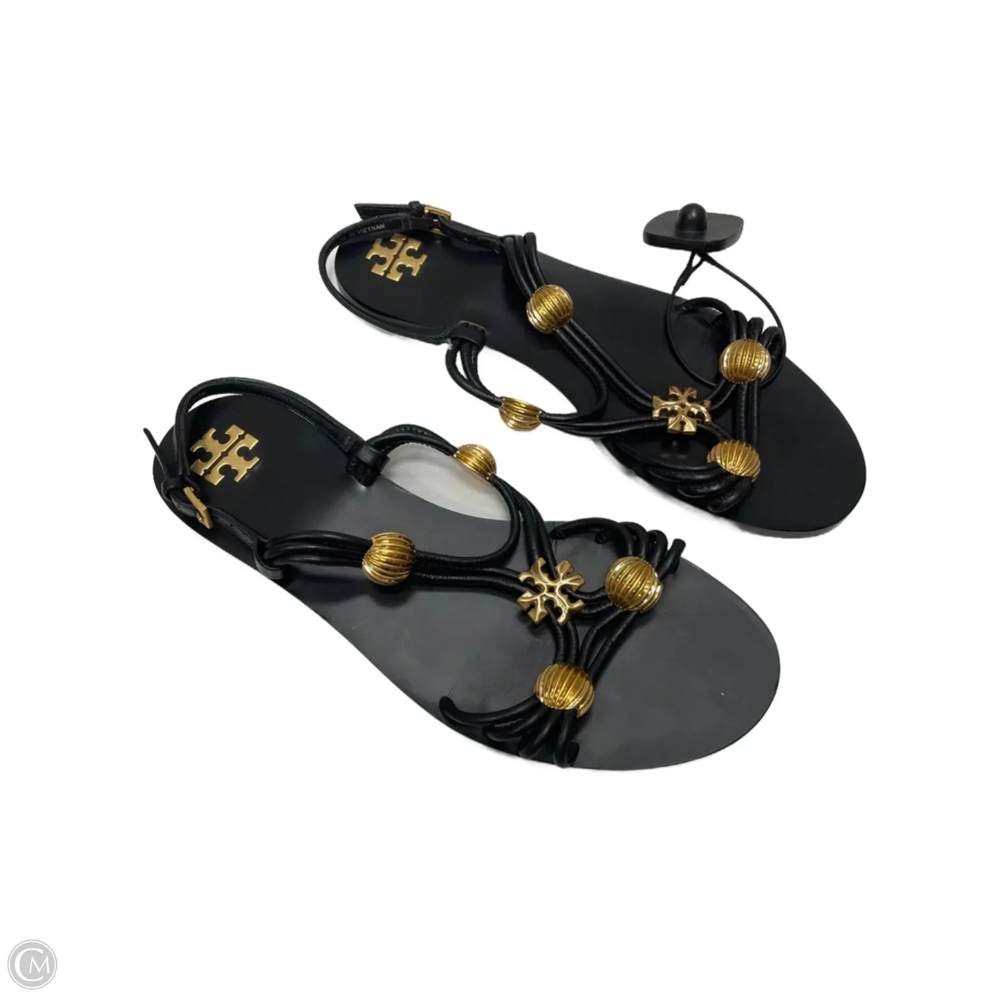 Sandals Designer By Tory Burch In Black & Gold, Size: 6.5