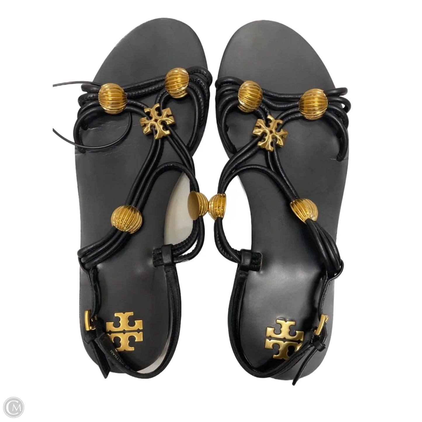 Sandals Designer By Tory Burch In Black & Gold, Size: 6.5