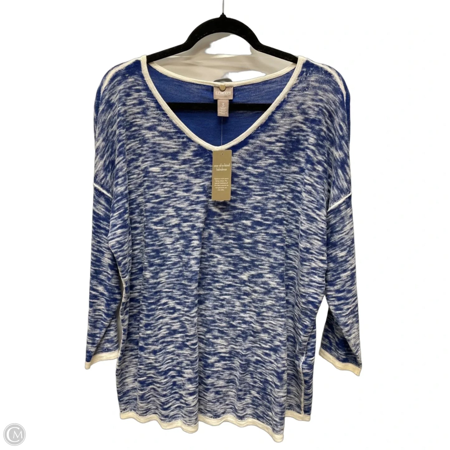 Top 3/4 Sleeve By Chicos In Blue & White, Size: Xl
